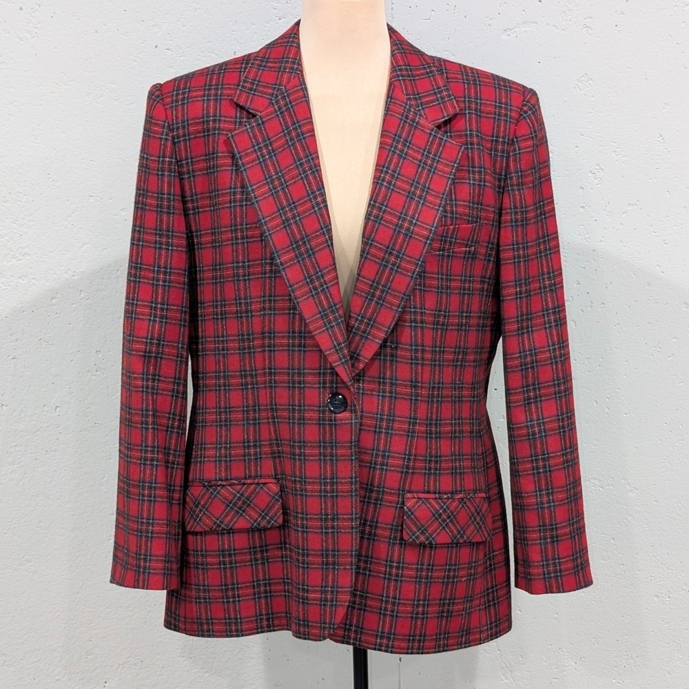 VTG 80s Giorgio Sant Angelo Wool Blazer Size 12 Jacket Tartan Red Plaid 1-Button